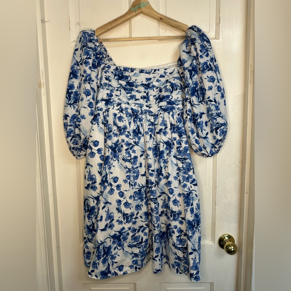 Abercrombie and Fitch Emerson Mini Dress Blue and White Floral Dress LT Large - Picture 2 of 6